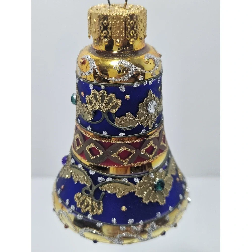Hand Blown Glass Jeweled Bell Christmas Tree Ornament Blue Gold Glitter In Box